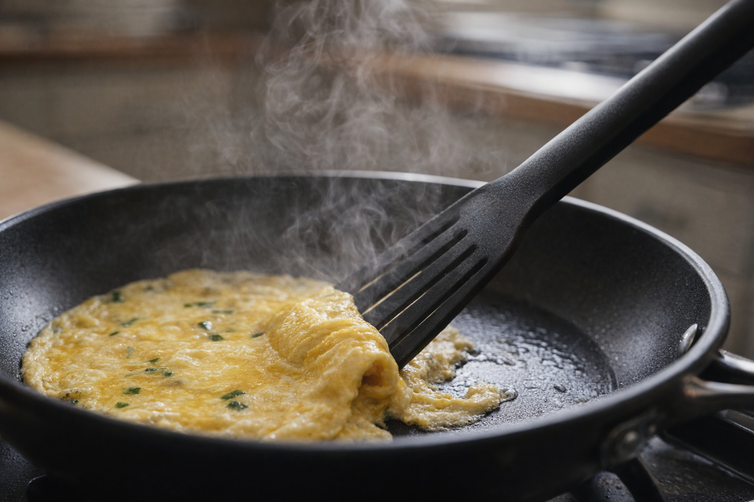 An omelette cooking in a non-stick pan, a spatula gently pushing the cooked egg towards the center, steam rising from the pan